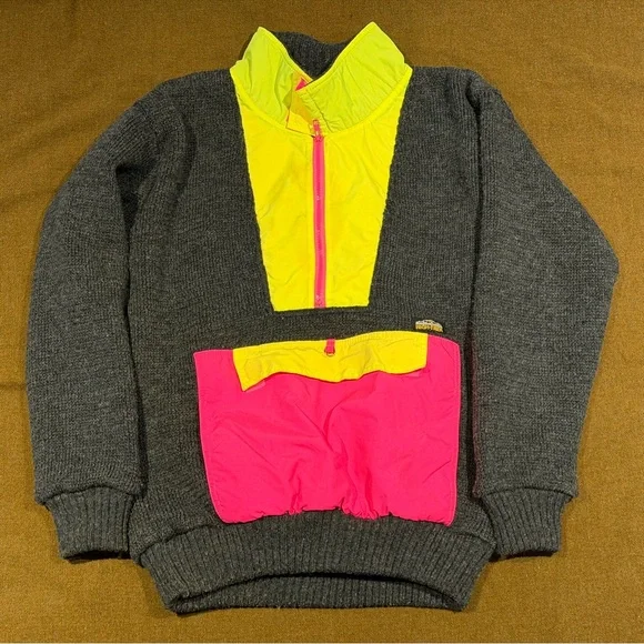 Vintage 80s Eatons North Country Wool Anorak Sweater Medium Neon Gorpcore - Picture 1 of 6